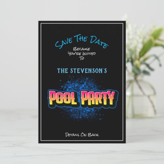 Save the Date Pool Party Einladung Schwarz (Stehend Vorderseite)