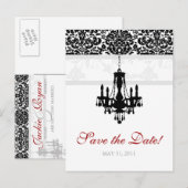 Save the Date Postcard Chandelier Damask BW Ankündigungspostkarte (Vorne/Hinten)