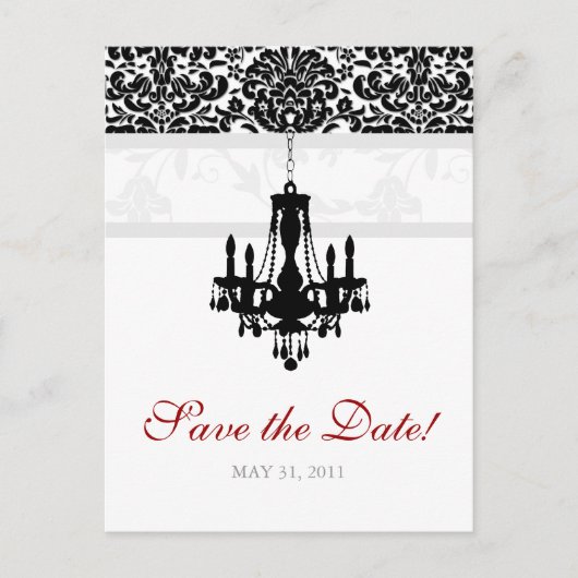 Save the Date Postcard Chandelier Damask BW Ankündigungspostkarte (Vorderseite)
