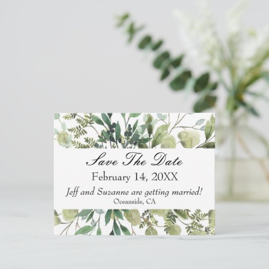 Save the Date Postcard Eukalyptus Greenery Postkarte (Stehend Vorderseite)