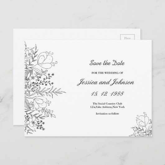 Save the Date PostCard für Schwarz und Weiß Ankündigungspostkarte (Vorne/Hinten)