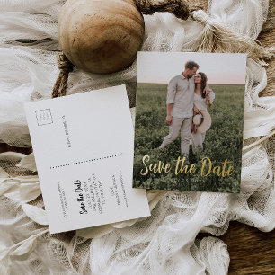 Save the Date Postcard - Minimaler Script Gold Foi Folien Feiertagspostkarte