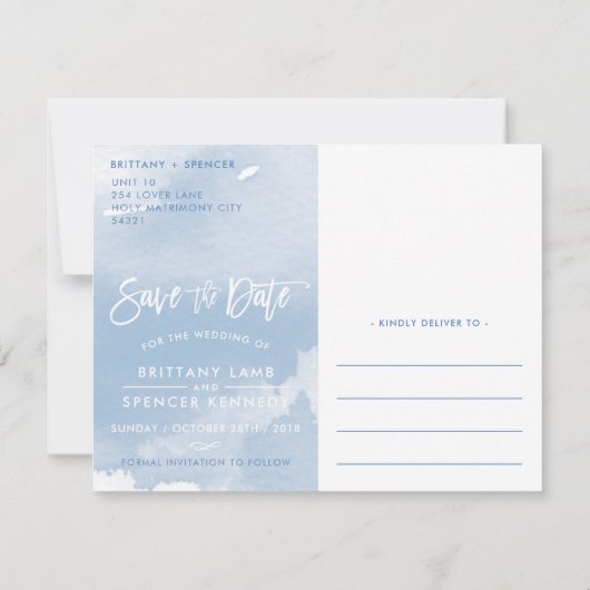 SAVE THE DATE POSTCARD Moderne blass blaue Aquarel (Rückseite)