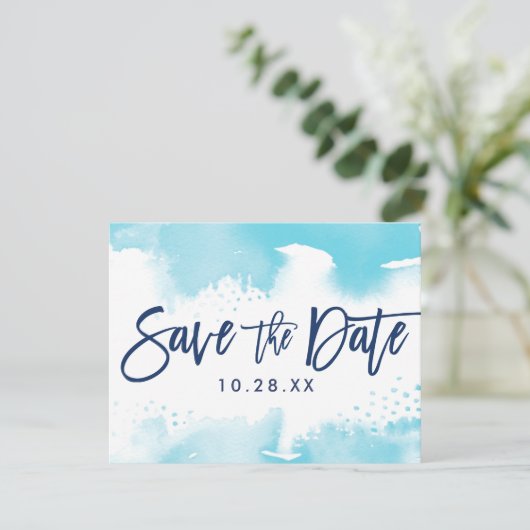 SAVE THE DATE POSTCARD Modernes Aqua-Blau (Stehend Vorderseite)