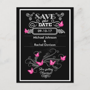 Save the Date Postcard Rosa Schmetterlinge Vintag Ankündigungspostkarte