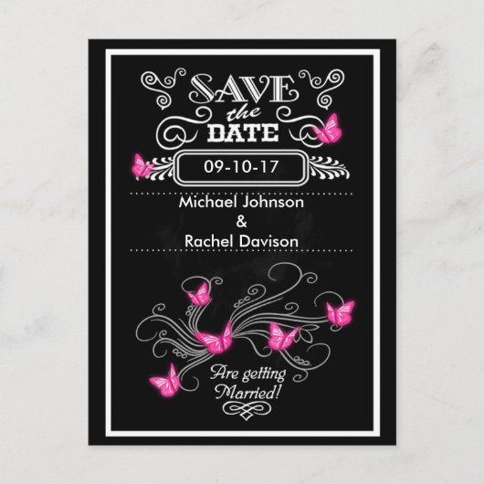 Save the Date Postcard Rosa Schmetterlinge Vintag Ankündigungspostkarte (Vorderseite)