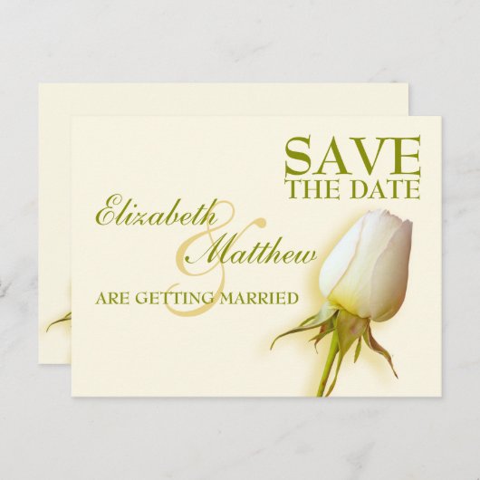 Save the Date Postcard Single White Rose Bud Ankündigungspostkarte (Vorne/Hinten)