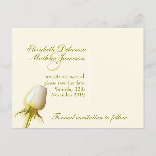 Save the Date Postcard Single White Rose Bud Ankündigungspostkarte (Rückseite)