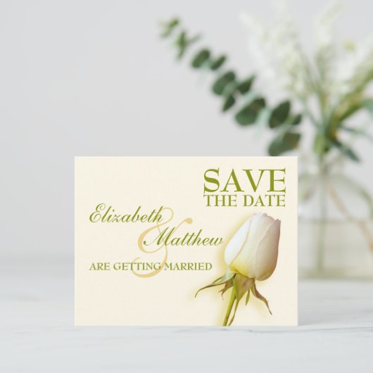 Save the Date Postcard Single White Rose Bud Ankündigungspostkarte (Stehend Vorderseite)