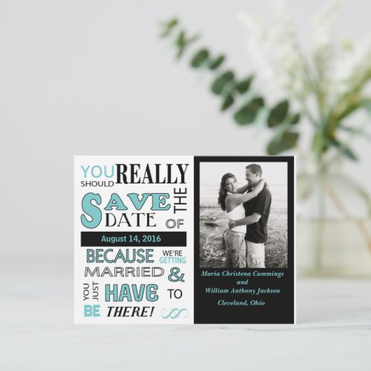 Save the Date Postkarte (blau) (Stehend Vorderseite)