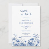 Save the Date Postkarte, blau mit Blume (Vorderseite)
