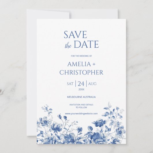Save the Date Postkarte, blau mit Blume (Vorderseite)