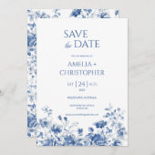 Save the Date Postkarte, blau mit Blume (Vorne/Hinten)