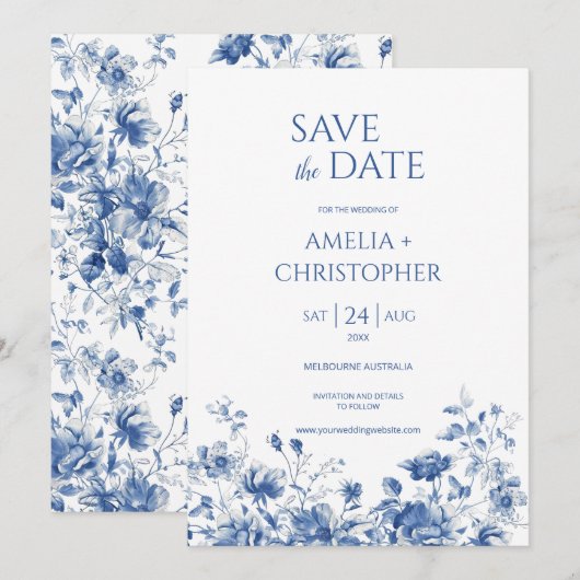 Save the Date Postkarte, blau mit Blume (Vorne/Hinten)