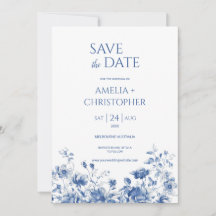 Save the Date Postkarte, blau mit Blume