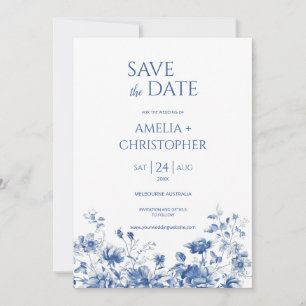 Save the Date Postkarte, blau mit Blume