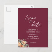 Save the Date Postkarte - Eleganter Blumenburgund (Vorne/Hinten)