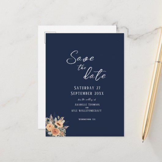 Save the Date Postkarte - Elegantes Blumenblau (Vorderseite/Rückseite Beispiel)