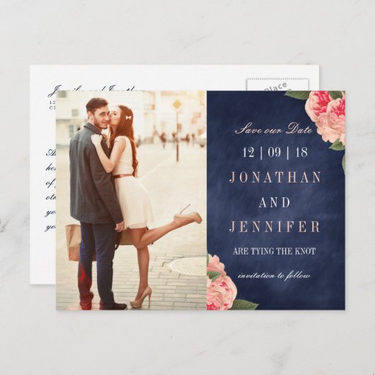 Save the Date Postkarte für Navy und Korallenflora (Vorne/Hinten)