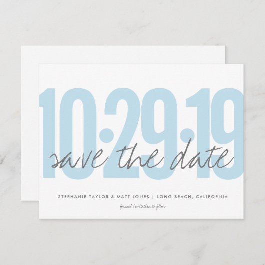 Save the Date Postkarte, großes Datum, blau, Pulve Ankündigungspostkarte (Vorne/Hinten)