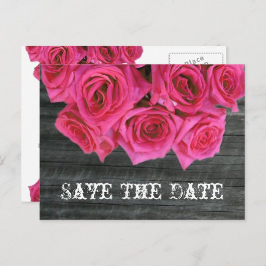 Save the Date Postkarte - Hot Pink Rose & Barnwood (Vorne/Hinten)