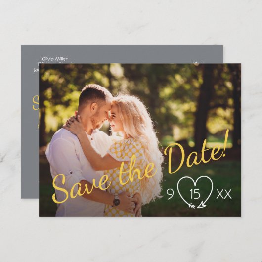 Save the Date Postkarte in Gelb und Grau (Vorne/Hinten)