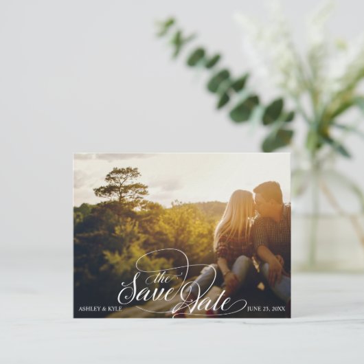 Save the Date Postkarte in Navy, Blush und Gold (Stehend Vorderseite)