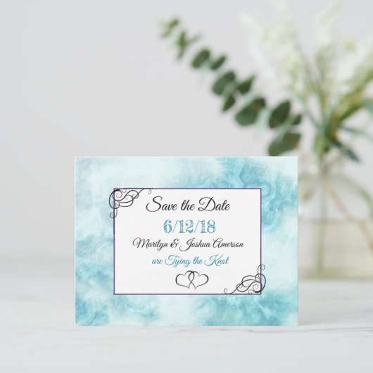 Save the Date Postkarte mit blauem Marmor (Stehend Vorderseite)