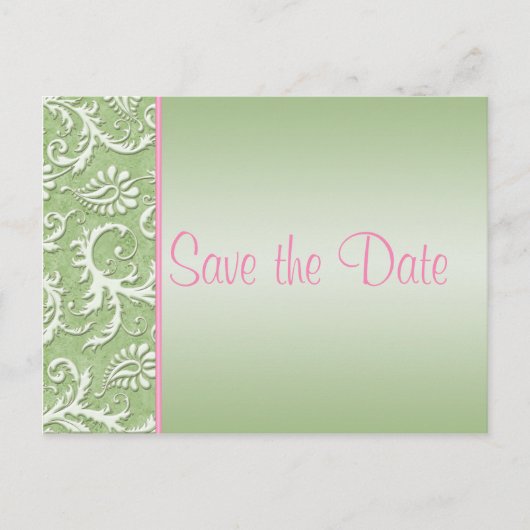 Save the Date Postkarte mit grünem und rosa Damast (Vorderseite)