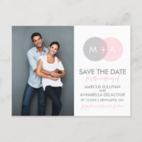 Save the Date Postkarte mit rosa und grauem Circle