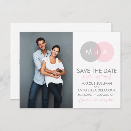 Save the Date Postkarte mit rosa und grauem Circle (Vorne/Hinten)