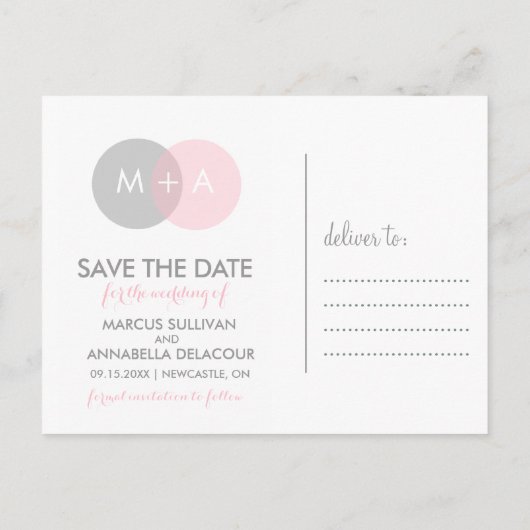 Save the Date Postkarte mit rosa und grauem Circle (Rückseite)