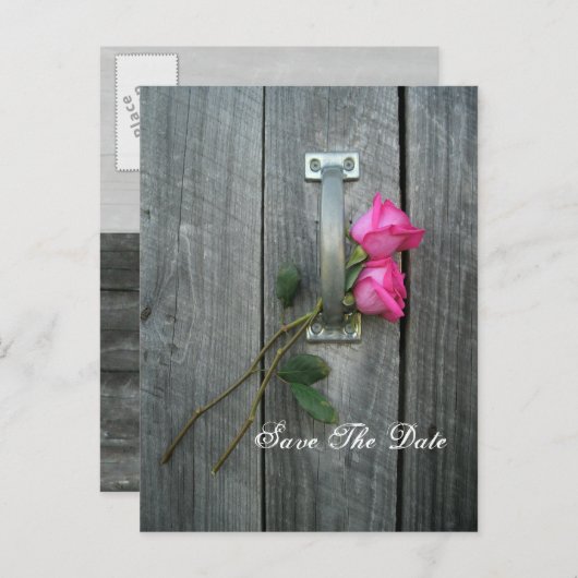 Save the Date Postkarte - Zwei Rose und Stalltüre (Vorne/Hinten)