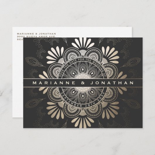 Save the Date Postkarten Black & Gold Foil Mandala (Vorne/Hinten)