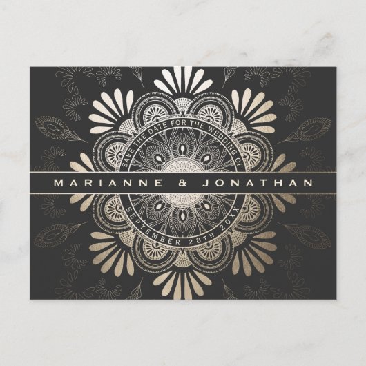 Save the Date Postkarten Black & Gold Foil Mandala (Vorderseite)