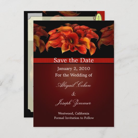 Save the Date Postkarten, orangefarbene Calla-Lili Ankündigungspostkarte (Vorne/Hinten)