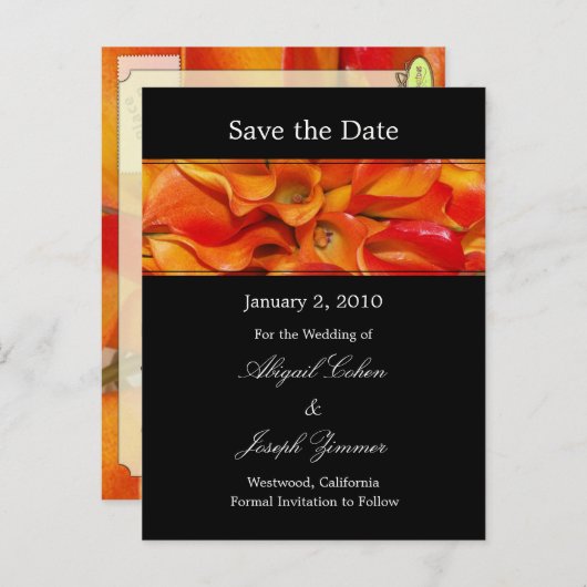 Save the Date Postkarten, orangefarbene Calla-Lili Ankündigungspostkarte (Vorne/Hinten)
