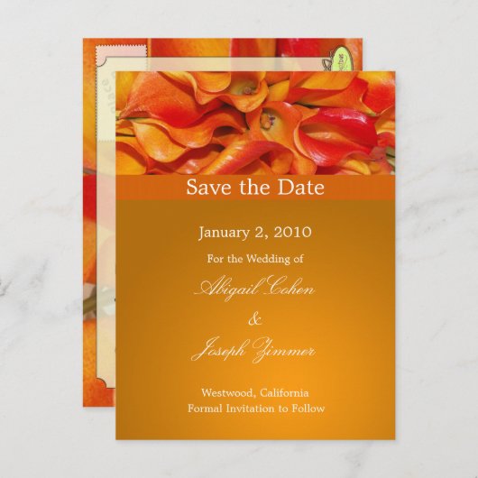 Save the Date Postkarten, orangefarbene Calla-Lili Ankündigungspostkarte (Vorne/Hinten)