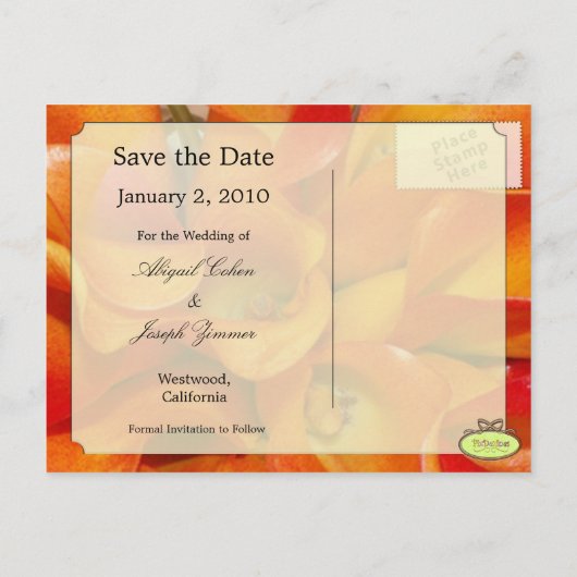 Save the Date Postkarten, orangefarbene Calla-Lili Ankündigungspostkarte (Rückseite)