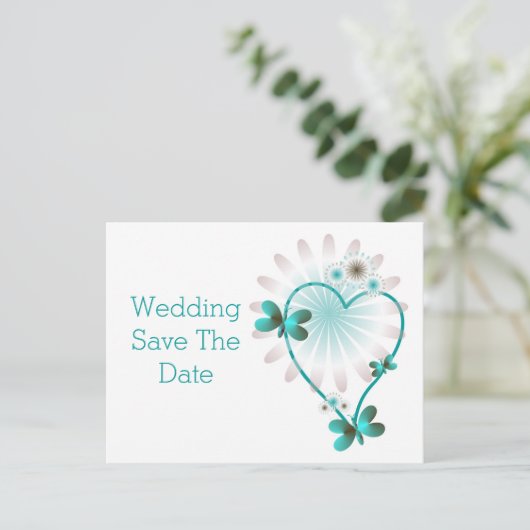 Save the Date Postkartenherz und Schmetterlinge Ankündigungspostkarte (Stehend Vorderseite)