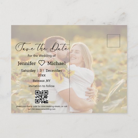 Save the Date qr Code 2 Foto Moderne Handschrift Ankündigungspostkarte (Rückseite)