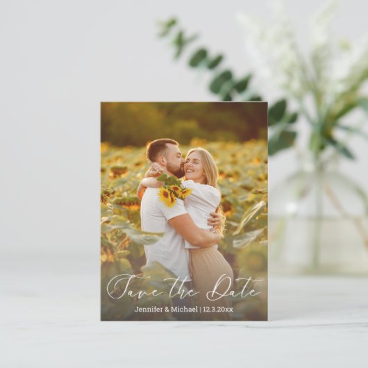 Save the Date qr Code 2 Foto Moderne Handschrift Ankündigungspostkarte (Stehend Vorderseite)