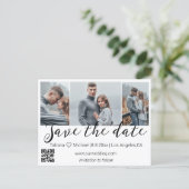 Save the Date qr Code 3 Foto Collage Hochzeit chic Ankündigungspostkarte (Stehend Vorderseite)