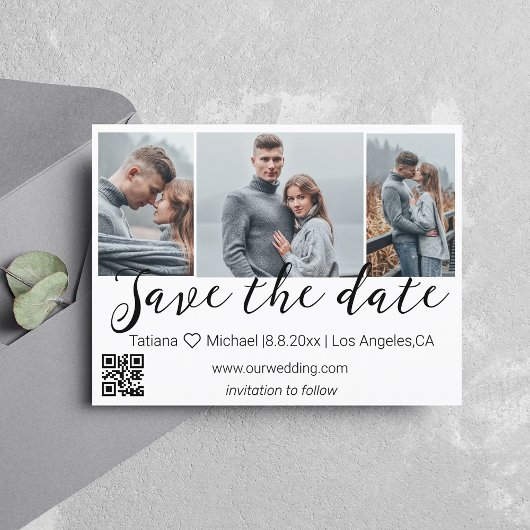 Save the Date qr Code 3 Foto Collage Hochzeit chic Ankündigungspostkarte