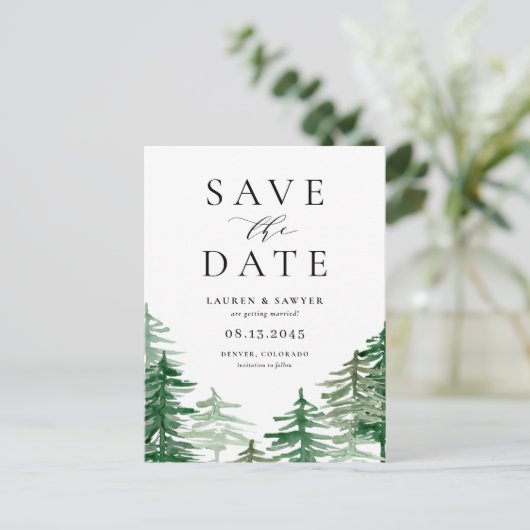 Save the Date QR-Code für Wälder in Aquarellwälder Postkarte (Stehend Vorderseite)