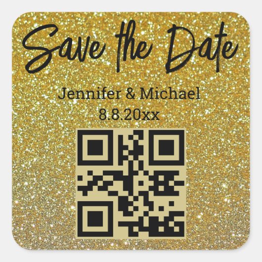 Save the Date, qr-Code Gold Glitzer schicke Hochze Quadratischer Aufkleber (Vorderseite)