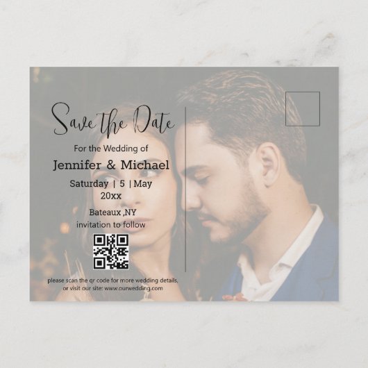 Save the Date qr Code Paar 2 Fotos minimalistisch Ankündigungspostkarte (Rückseite)