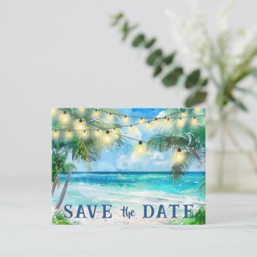 Save the Date QR Code Tropical Beach Ankündigung Postkarte (Stehend Vorderseite)