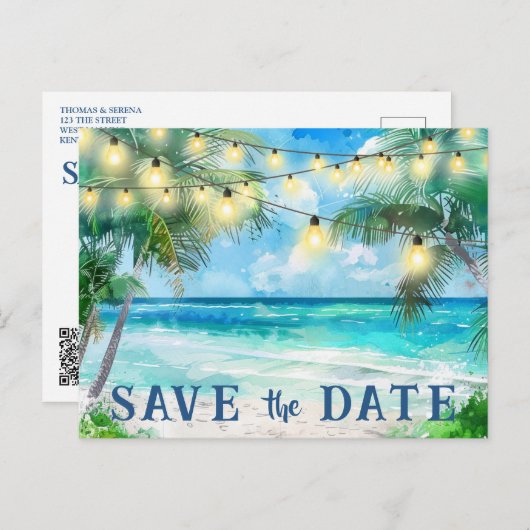 Save the Date QR Code Tropical Beach Ankündigung Postkarte (Vorne/Hinten)