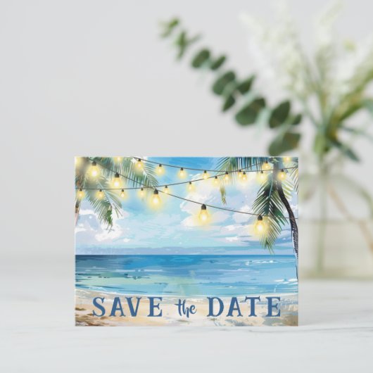 Save the Date QR Code Tropical Beach Ankündigung Postkarte (Stehend Vorderseite)